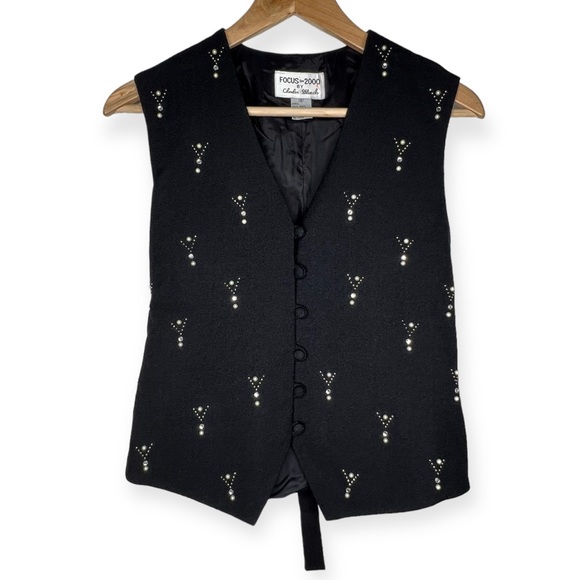Focus 2000 Jackets & Blazers - Vintage Focus 2000 100% Wool Vest Black Rhinestones Pearls Embellished Elegant 6